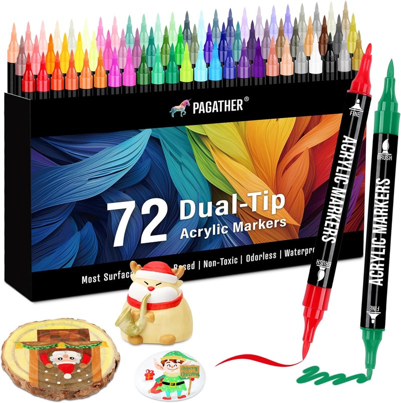 Pagather 72 Colors Acrylic Paint Markers, Dual Tip with Fine Tip and Brush Tip Pens for Stone, Wood, Calligraphy, Canvas, Ceramic, Metal, Glass, Rock Painting, DIY Crafts - Image 1